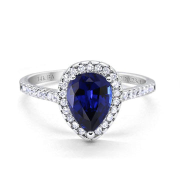 14K White Gold 1.48ct Teardrop Pear 8mmx6mm G SI Lab Blue Sapphire Diamond Engagement Wedding Ring Size 6.5